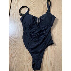 B6 New Women’s 1pc Swimsuit Ruched Tummy area Gold Detail Black size Small